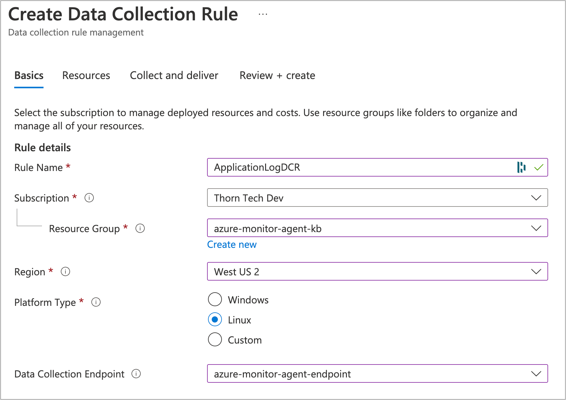 Data Collection Rule Basics tab