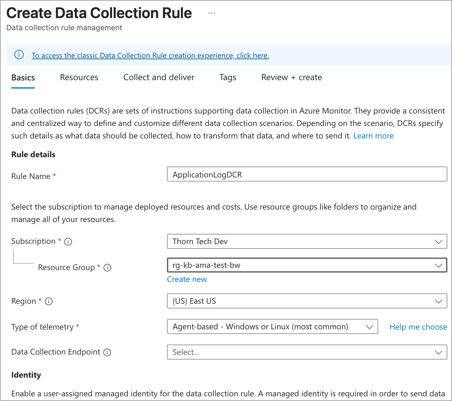 Data Collection Rule Basics tab