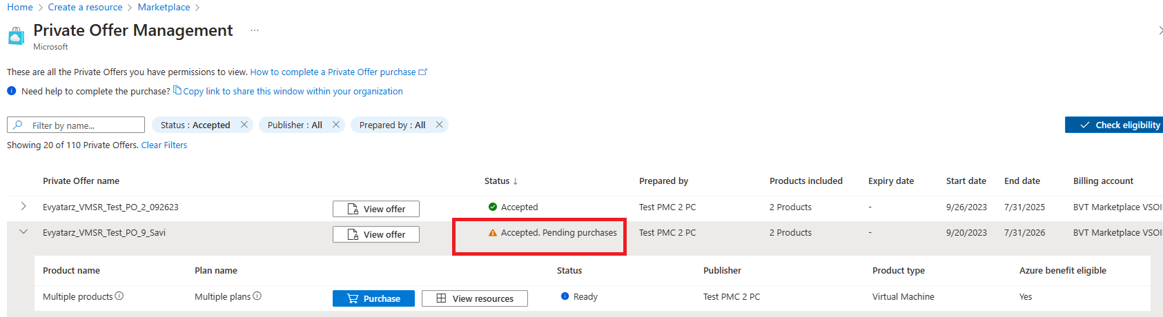 Accepted pending purchase status