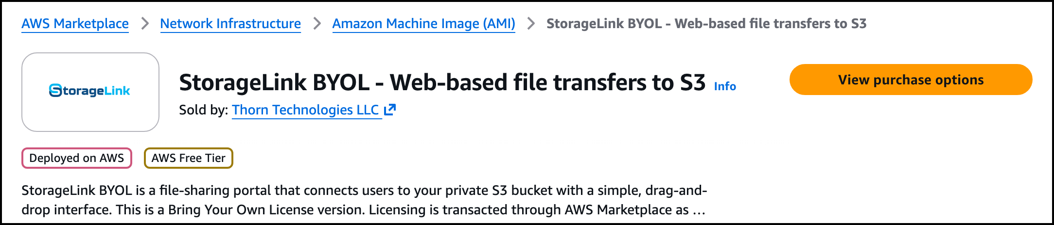 The StorageLink BYOL listing on the AWS Marketplace