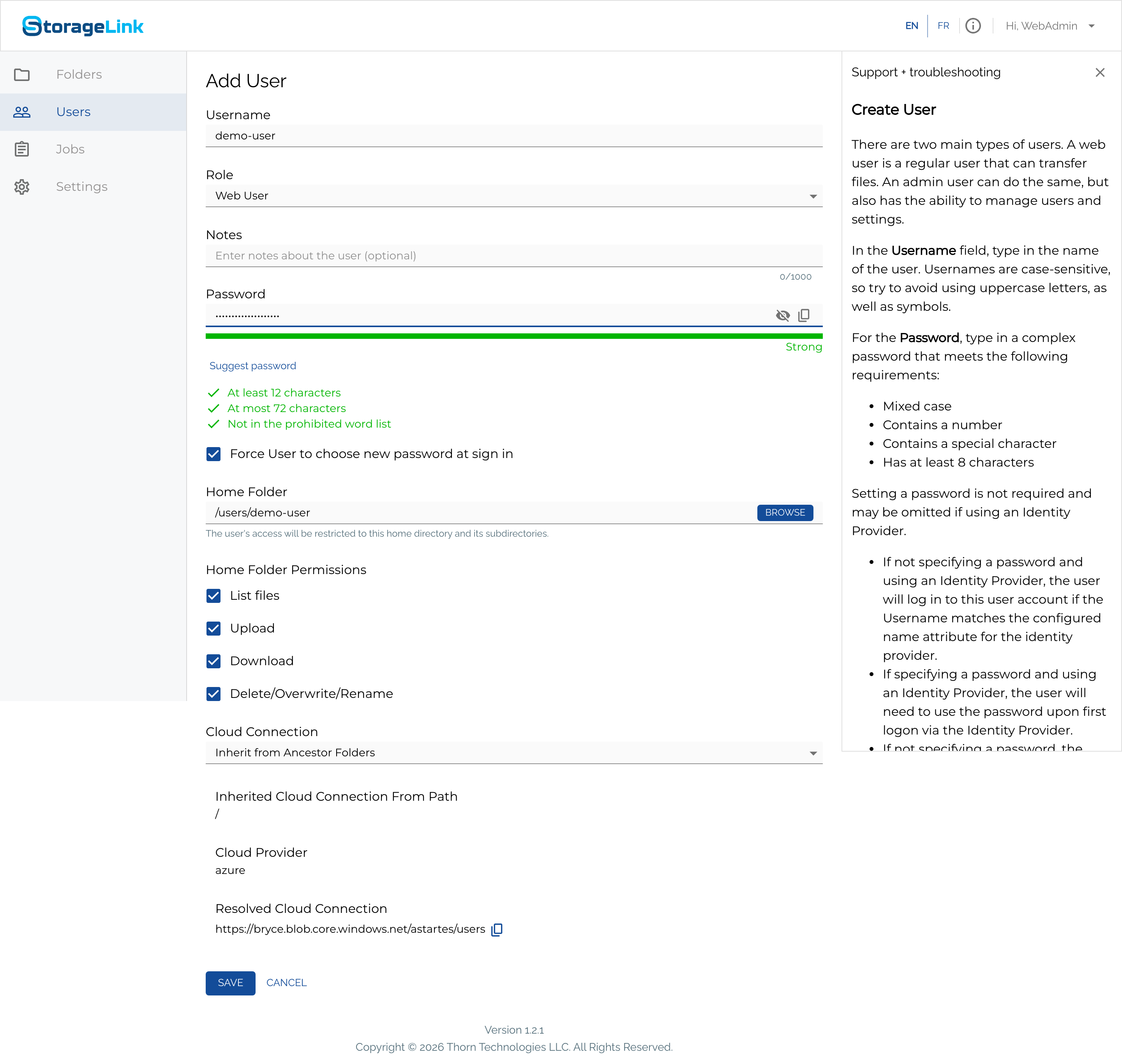 The Add User form filled in for demo-user, showing a Strong password meter and three green checkmarks against the password rules