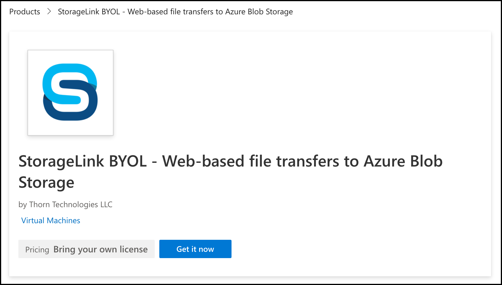 The StorageLink BYOL listing on the Azure Marketplace
