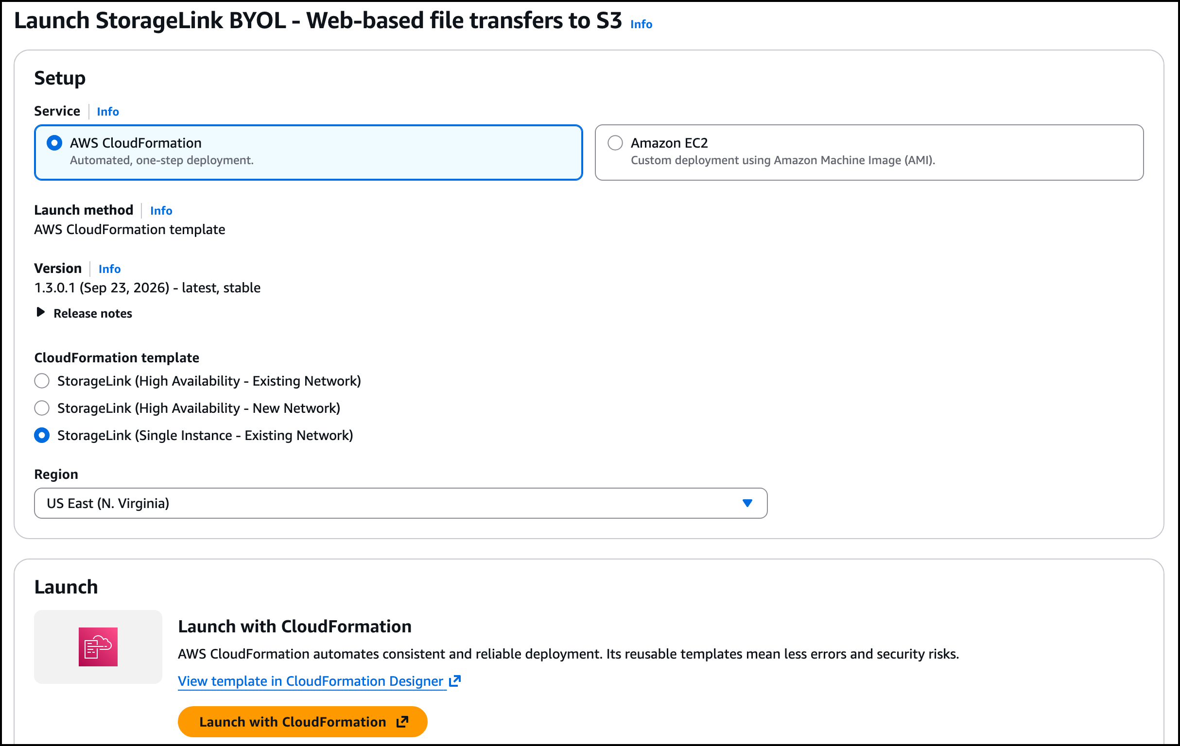 The Launch page with AWS CloudFormation and the Single Instance template selected
