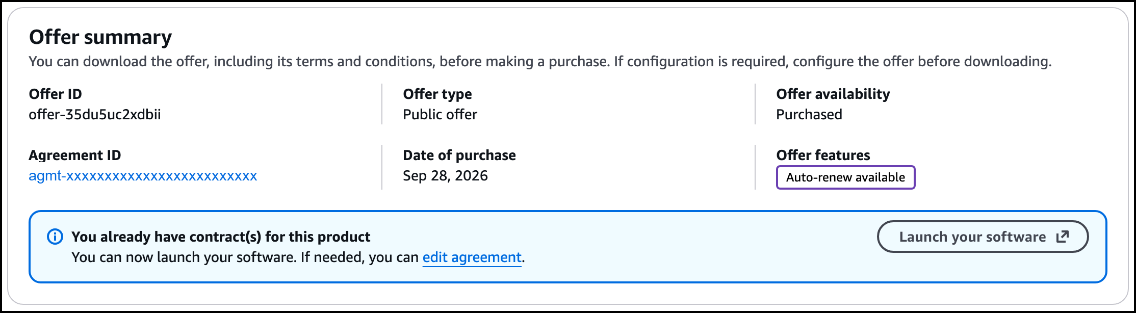 The Offer summary after subscribing, with the Launch your software button