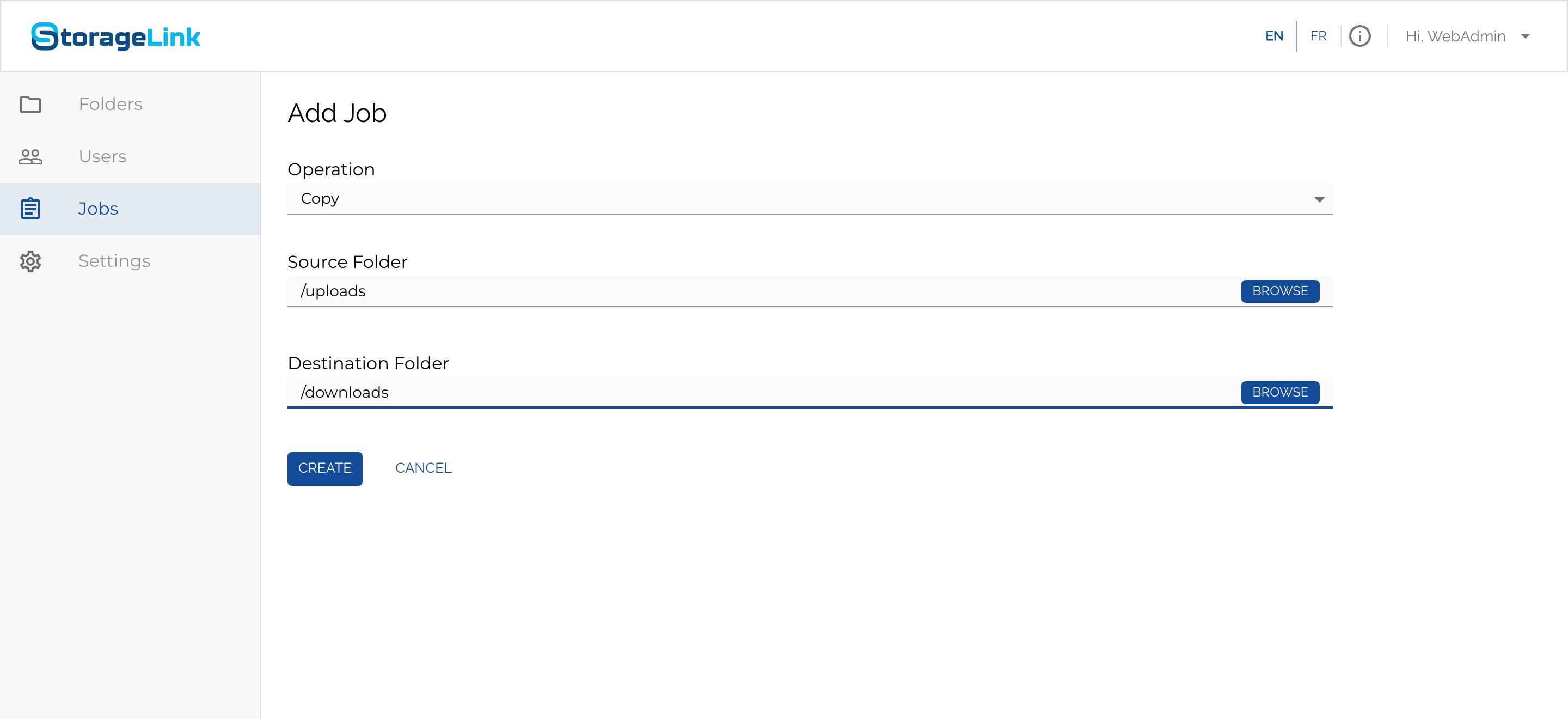 The Add Job form set to Copy from Source Folder /uploads to Destination Folder /downloads