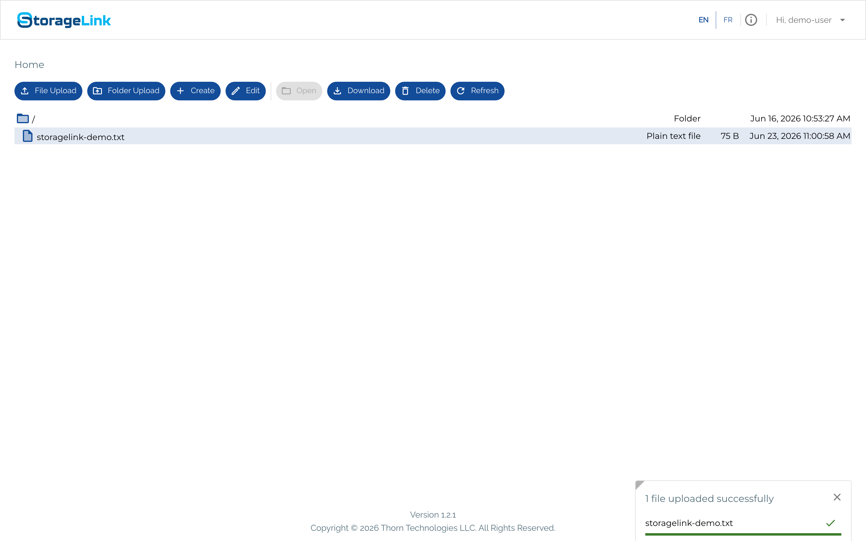 Home Folder with storagelink-demo.txt selected, the Edit, Download, and Delete buttons active, and an upload-success toast in the corner