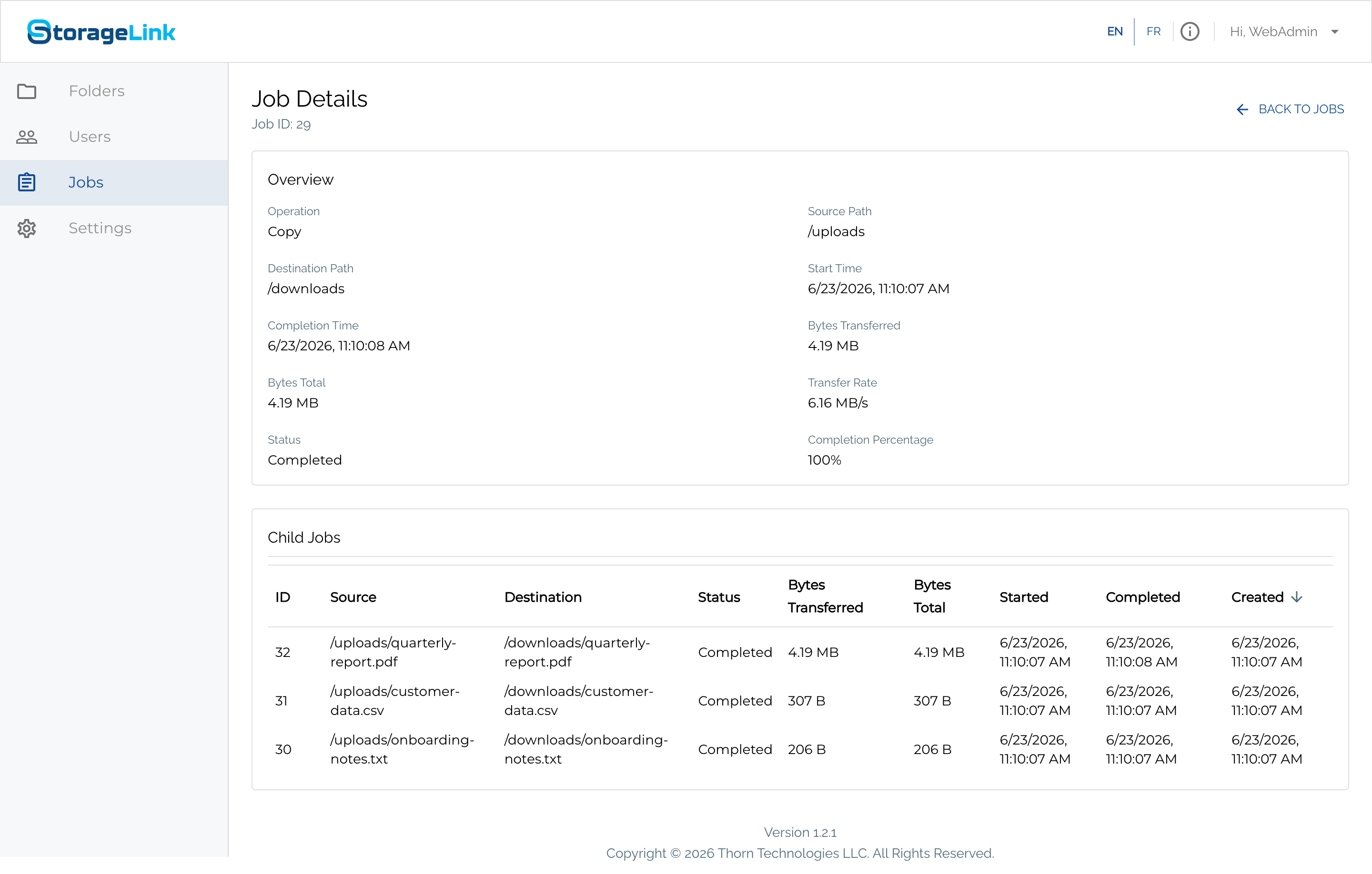 The Job Details page for a completed Copy job, showing the Overview fields and a Child Jobs table with one row per file