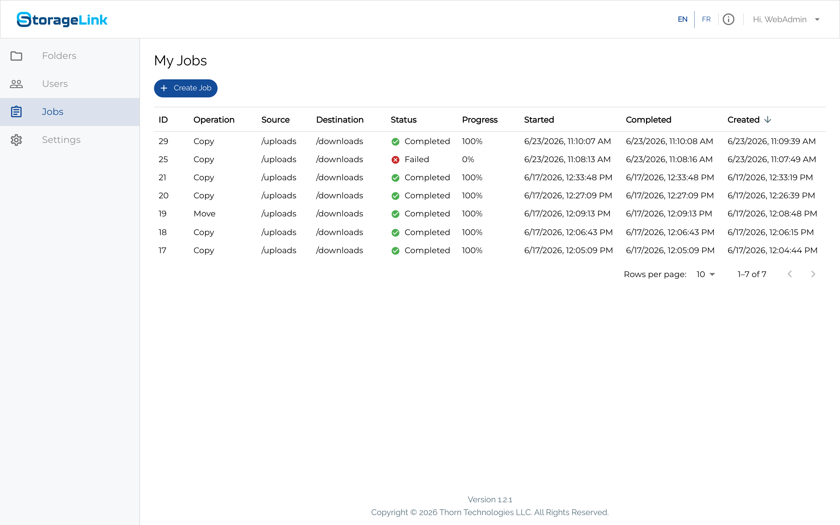 The My Jobs page listing Copy and Move transfer jobs, one Failed and the rest Completed
