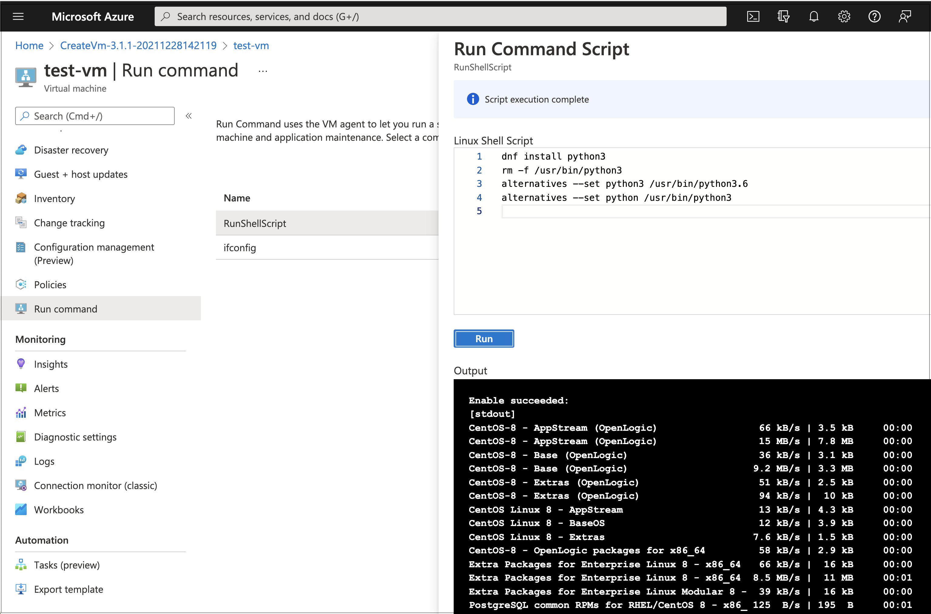 Python install output on an RPM-based image