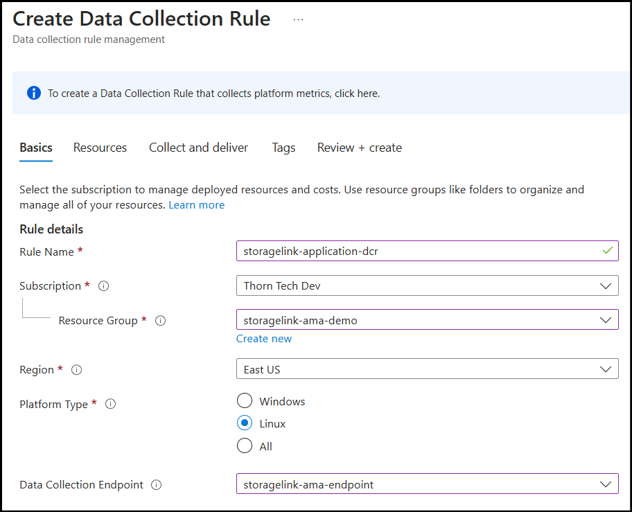 Data Collection Rule Basics tab