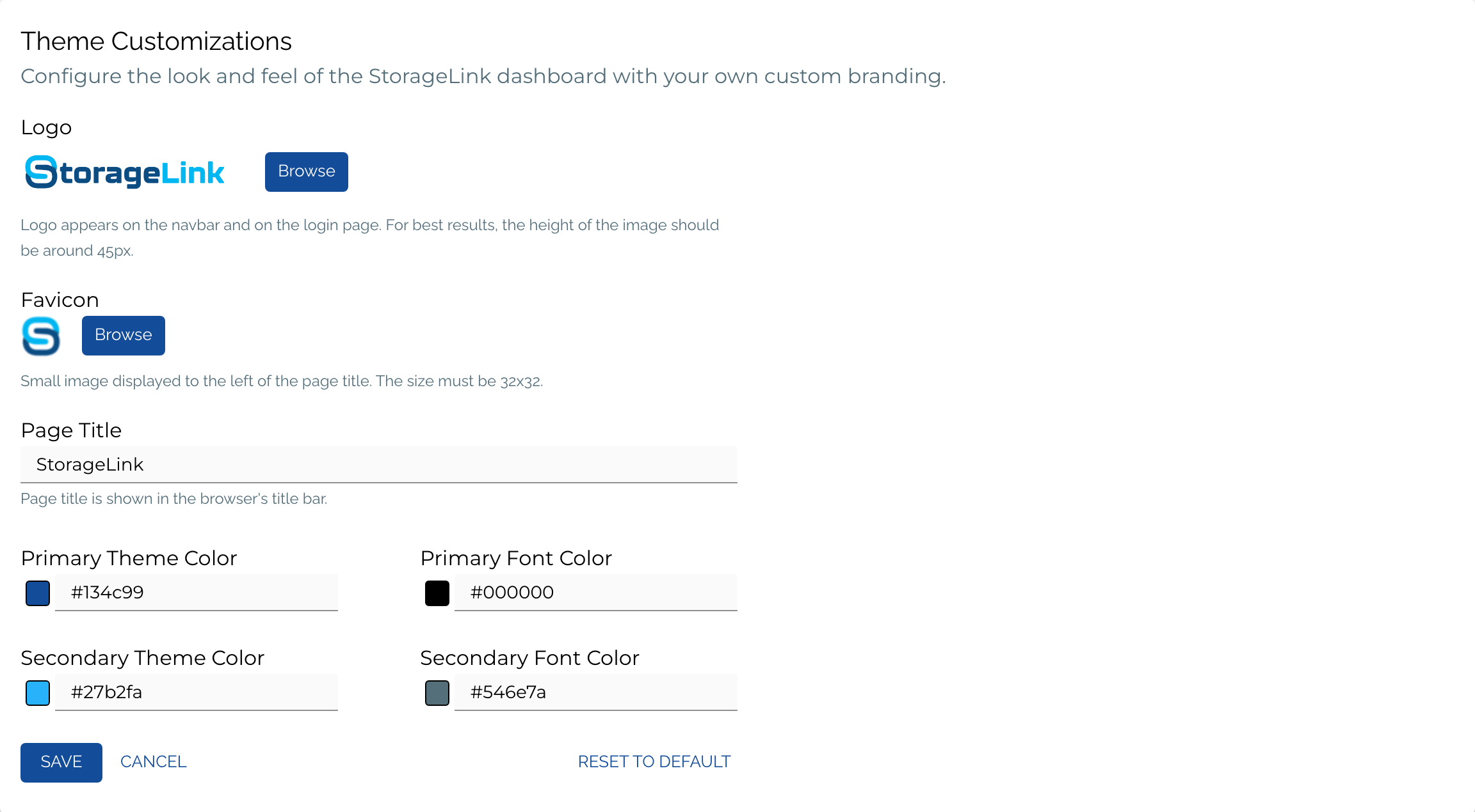 The Theme Customizations settings showing the default StorageLink logo, favicon, page title, and theme colors