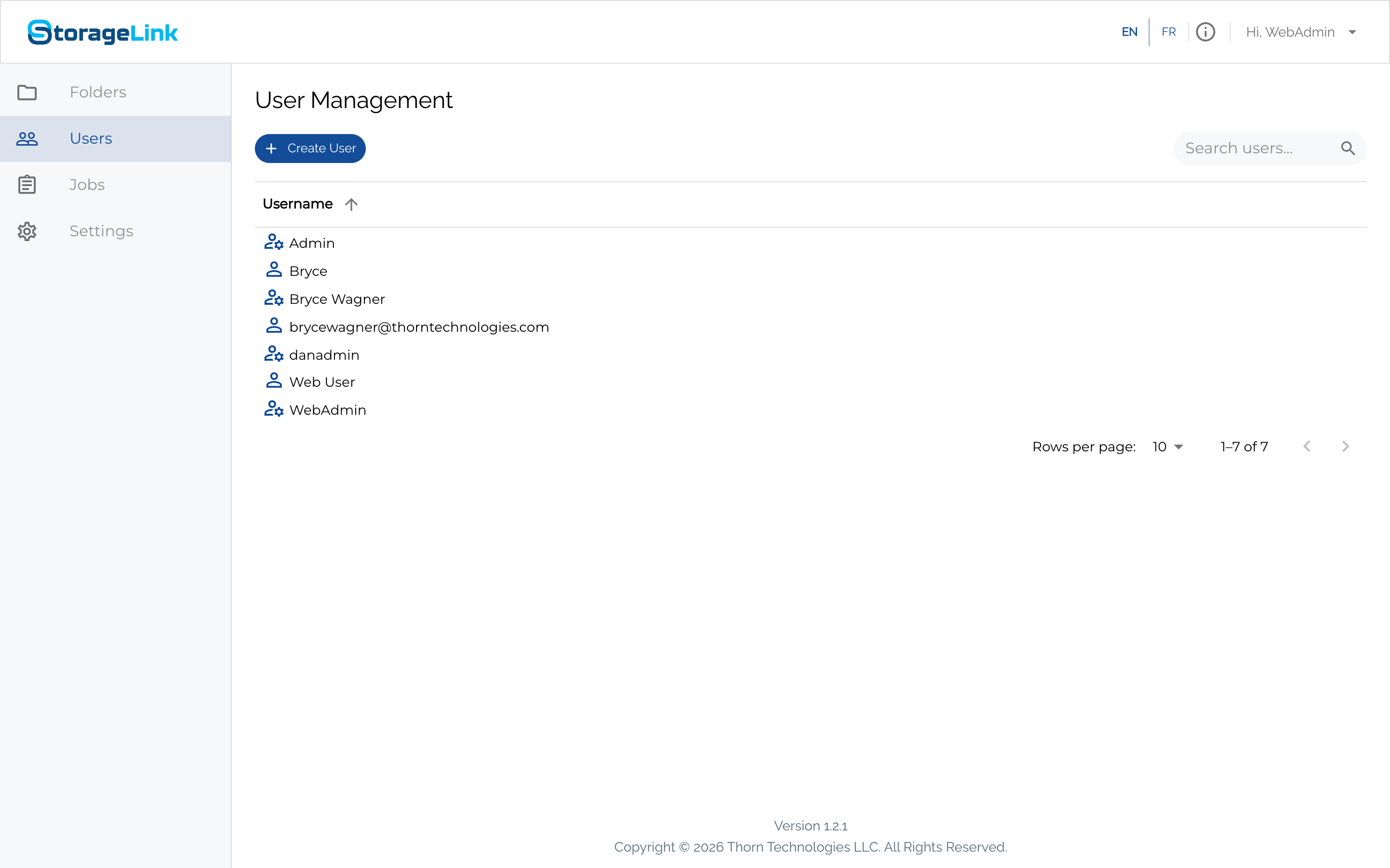 The User Management page listing Admin Users and Web Users, with the Create User button and a username search box