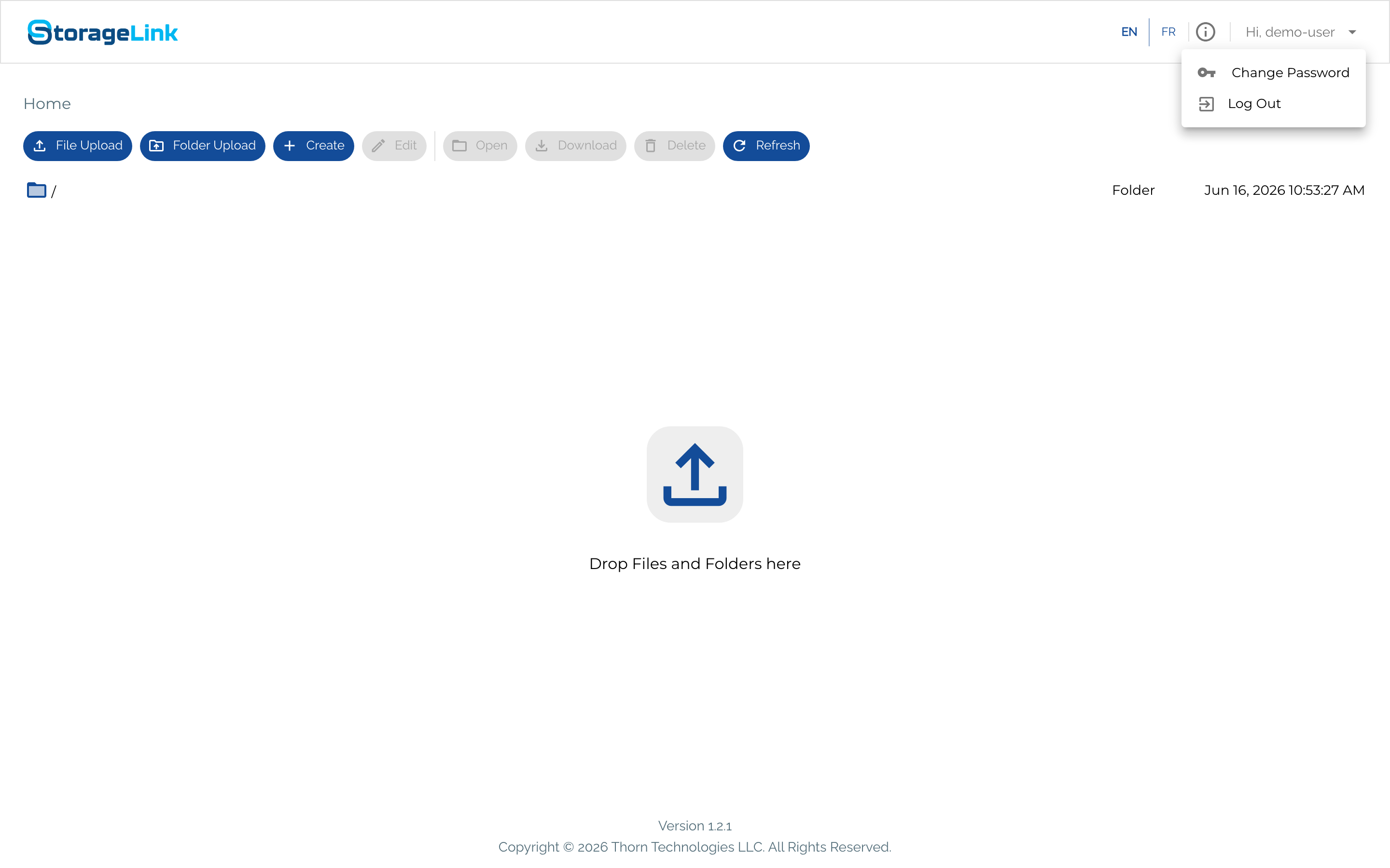 User menu open in the top-right corner showing the Change Password and Log Out options