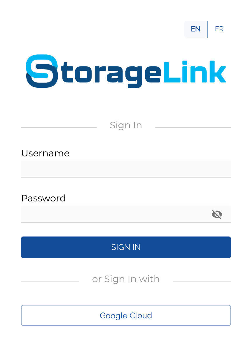 The StorageLink sign-in page with the logo above the Username and Password fields and the blue Sign In button