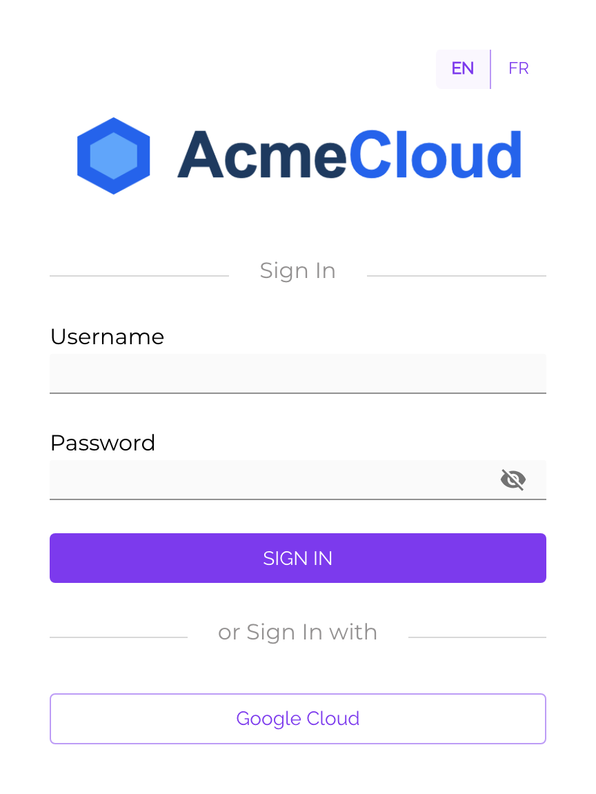 The sign-in page with the AcmeCloud logo above the form and a purple Sign In button
