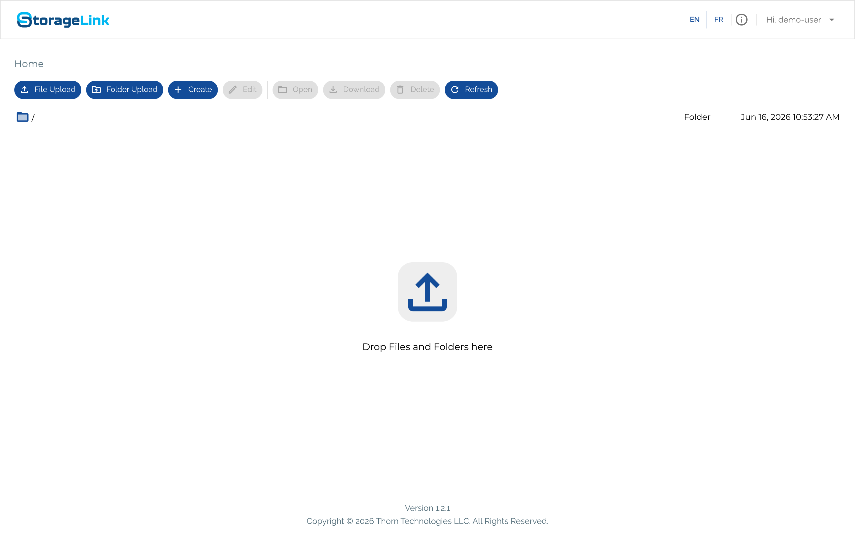 Web User Home Folder showing the Home breadcrumb, file toolbar, and an empty drag-and-drop zone
