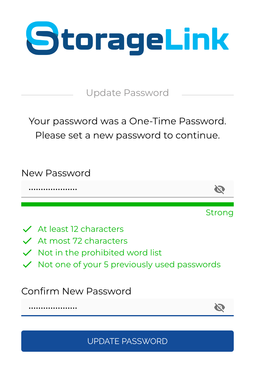 Update Password screen with a strong password entered and all four rules showing green checkmarks