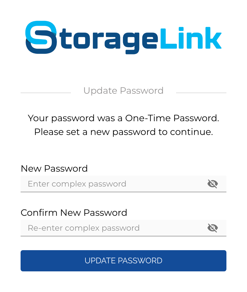 StorageLink Update Password screen with empty New Password and Confirm New Password fields